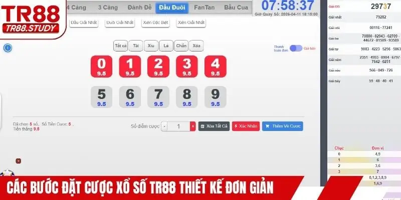 Các bước đặt cược xổ số TR88 thiết kế đơn giản